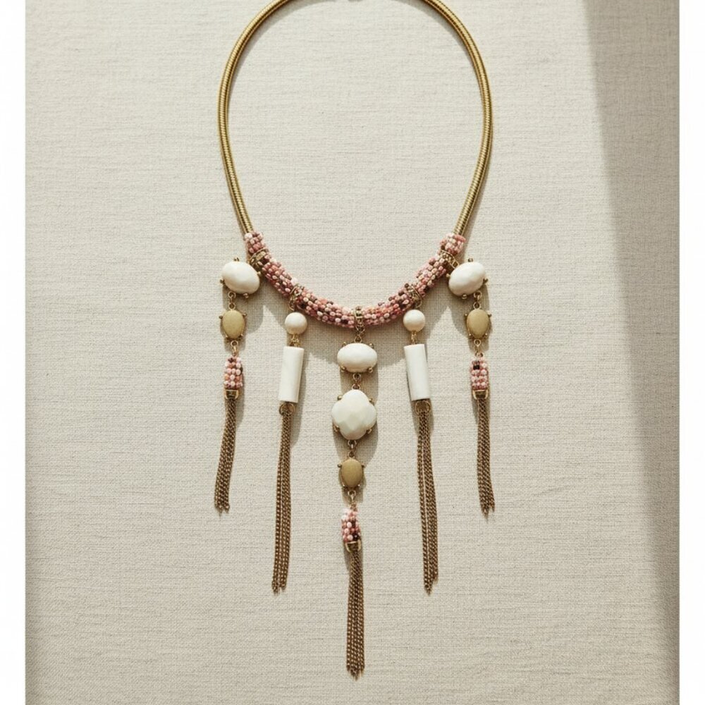 Chicos Statement Necklace Beaded Multicolor Dangling Tassels Gold Chain Womens